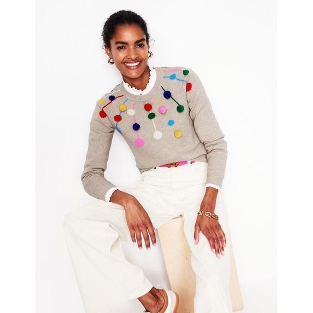 Boden Festive Pom Pom Oatmeal Sweater Top XL